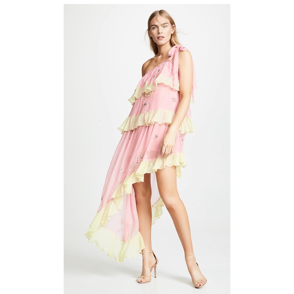 Rococo Sand Pink And Pale Yellow One-Shoulder Asymmetrical Ruffle Dress